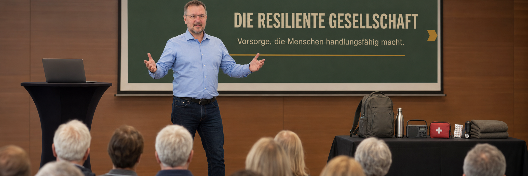 Daniel Steinhof spricht mit geöffneten Armen vor einem Publikum; neben ihm stehen ein Laptop und Ausrüstung zur Krisenvorsorge.